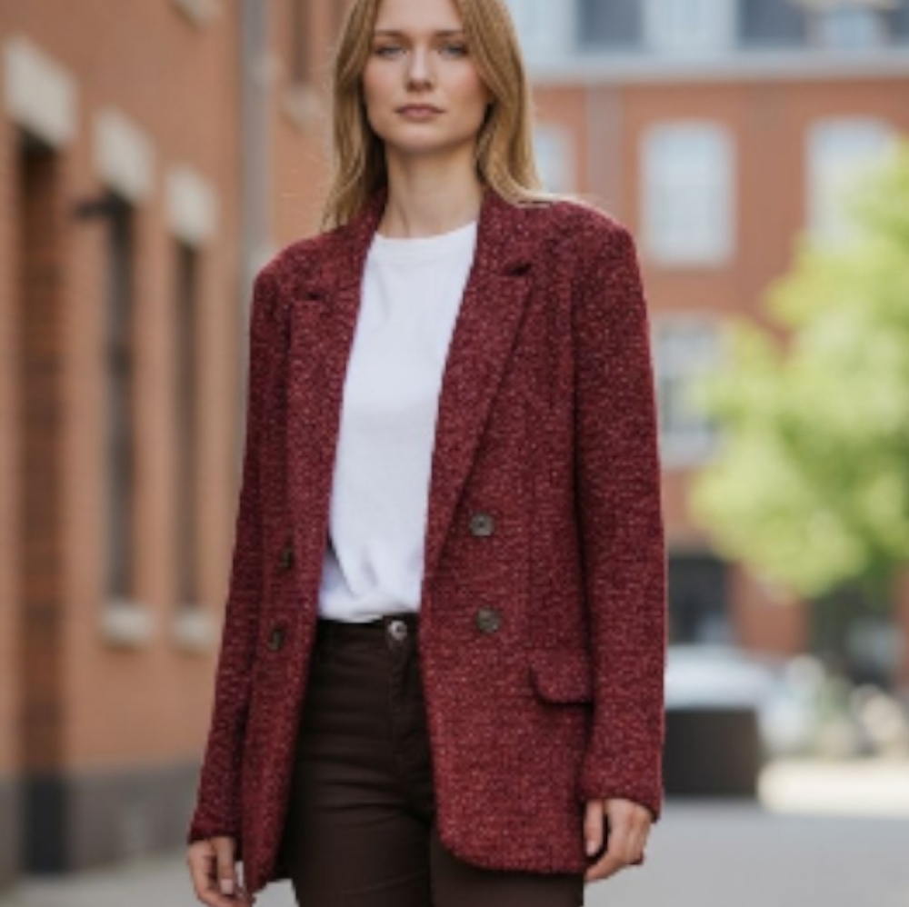 Chico's Double Breasted Knit Tweed Sweater Blazer with Fringe